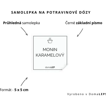 Dóza na potraviny MONIN KARAMELOVÝ - omyvatelná samolepka na dózu, výběr rozměrů Ø 5 cm / 5 x 5 cm / 6 x 8 cm | DomaLEP tvar: ČTVEREC, barva: PRŮHLEDNÁ - ČERNÉ písmo, velikost: š. 5 cm x v. 5 cm - základní písmo