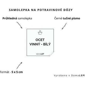 Dóza na potraviny OCET VINNÝ BÍLÝ - omyvatelná samolepka na dózu, výběr rozměrů Ø 5 cm / 5 x 5 cm / 6 x 8 cm | DomaLEP tvar: ČTVEREC, barva: PRŮHLEDNÁ - ČERNÉ písmo, velikost: š. 5 cm x v. 5 cm - tučné písmo