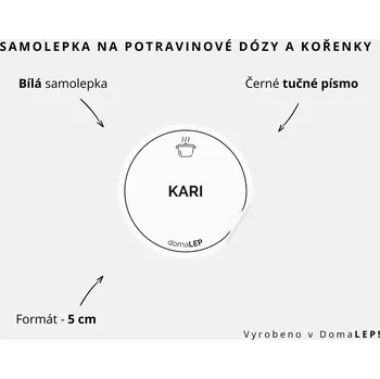 Speciální papír KARI - omyvatelná samolepka na kořenky, výběr rozměrů Ø 5 cm / 5 x 5 cm / 6 x 8 cm | DomaLEP tvar: KOLEČKO, barva: BÍLÁ - ČERNÉ písmo, velikost: Ø 5 cm - tučné písmo