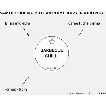 Samolepící etiketa BARBECUE CHILLI - omyvatelná samolepka na kořenky, výběr rozměrů Ø 5 cm / 5 x 5 cm / 6 x 8 cm | DomaLEP tvar: KOLEČKO, barva: BÍLÁ - ČERNÉ písmo, velikost: Ø 5 cm - tučné písmo