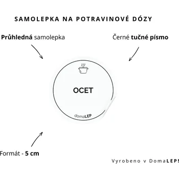 Dóza na potraviny OCET - omyvatelná samolepka na dózu, výběr rozměrů Ø 5 cm / 5 x 5 cm / 6 x 8 cm | DomaLEP tvar: KOLEČKO, barva: PRŮHLEDNÁ - ČERNÉ písmo, velikost: Ø 5 cm - tučné písmo
