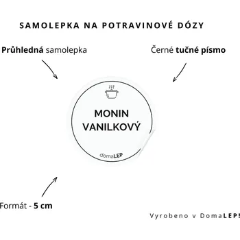 Dóza na potraviny MONIN VANILKOVÝ - omyvatelná samolepka na dózu, výběr rozměrů Ø 5 cm / 5 x 5 cm / 6 x 8 cm | DomaLEP tvar: KOLEČKO, barva: PRŮHLEDNÁ - ČERNÉ písmo, velikost: Ø 5 cm - tučné písmo