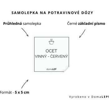 Dóza na potraviny OCET VINNÝ ČERVENÝ - omyvatelná samolepka na dózu, výběr rozměrů Ø 5 cm / 5 x 5 cm / 6 x 8 cm | DomaLEP tvar: ČTVEREC, barva: PRŮHLEDNÁ - ČERNÉ písmo, velikost: š. 5 cm x v. 5 cm - základní písmo