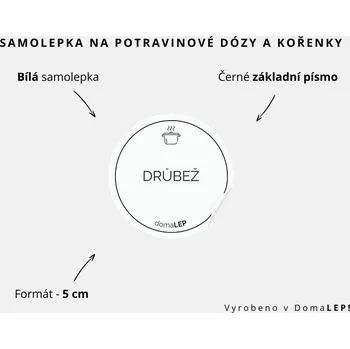Speciální papír DRŮBEŽ - omyvatelná samolepka na kořenky, výběr rozměrů Ø 5 cm / 5 x 5 cm / 6 x 8 cm | DomaLEP tvar: KOLEČKO, barva: BÍLÁ - ČERNÉ písmo, velikost: Ø 5 cm - základní písmo