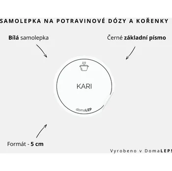 Papír KARI - omyvatelná samolepka na kořenky, výběr rozměrů Ø 5 cm / 5 x 5 cm / 6 x 8 cm | DomaLEP tvar: KOLEČKO, barva: BÍLÁ - ČERNÉ písmo, velikost: Ø 5 cm - základní písmo