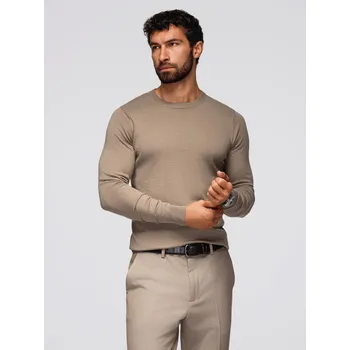 Pánský svetr BASIC pánský klasický viskózový svetr s kulatým výstřihem - tmavě béžový V15 OM-SWBS-0106 - M