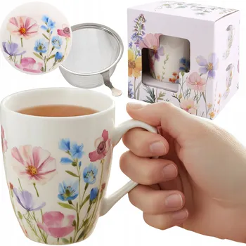 Porcelánová sada HRNEK 340 ml s louhovacím sítkem a víčkem NA BYLINKY