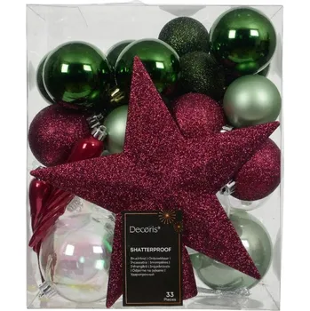 Vánoční dekorace Sada vánočních baněk 33 kusů nerozbitné, s hvězdou, zelené a vínové, 8 cm
