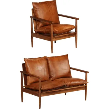 Sedací souprava vidaXL 2dílná sedací souprava hnědá pravá kůže a masivní akácie