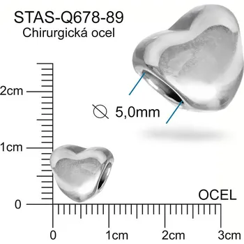 Dětské navlékací korálky Korálek srdce velký otvor CHIRURGICKÁ OCEL ozn.-STAS-Q678-89 Velikost 11,0mm x 10mm otvor 5,0mm