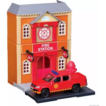 autíčko Bburago Accessories Diorama - Set Fire Station With Volkswagen Amarok Pick-up 2009 1:43 Red
