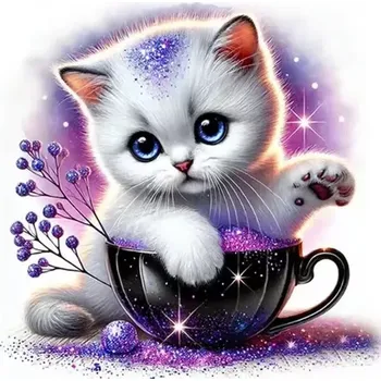 Diamantové malování Diamantové malování/Homfun - Bílé koťátko a třpytky + třpytivé kamínky (30x30)