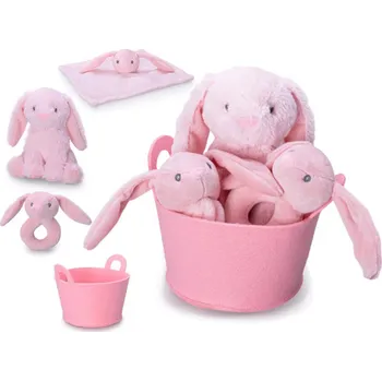plyšák _Ostatní 1_ PLYŠ Zajíček růžový set s chrastítkem a usínáčkem v košíku pro miminko