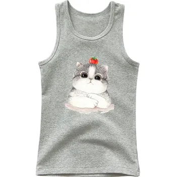 Dívčí tílko Dívčí letní tílko bez rukávů 100% bavlna Jednobarevné tričko s kreslenou kočkou Princeznovský top pro děti Měkké pohodlné tílko různé barvy šedá 6