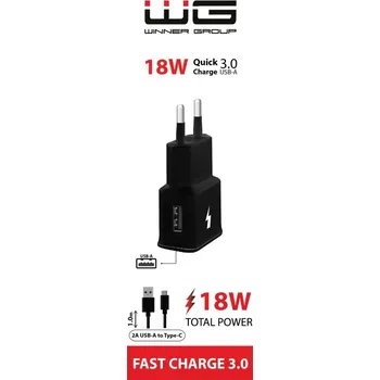 Pouzdro na mobilní telefon WG - Síťová nabíječka 1x USB-A, Quick Charge 3.0, 5V-9V-12V, + kabel USB-A na Type-C, černá 6227