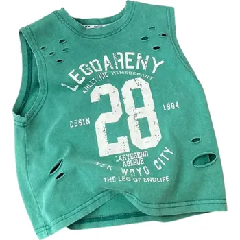 Chlapecké tílko Chlapecký letní top bez rukávů 100% bavlna Perforovaný prodyšný nátělník s potiskem a nápisem Stylový sportovní top různé barvy zelená 6