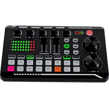 Mixážní pult F998 Bezdrátová zvuková karta s Bluetooth, LED efekty, baterie 1200mAh