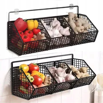 KUCHYŇSKÝ ZÁVĚSNÝ ORGANIZÉR, KOVOVÝ, 3 KOŠÍKY NA ZELENINU, OVOCE A KOŘENÍ