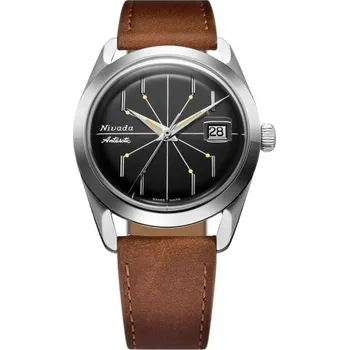 Hodinky Nivada Grenchen Antarctic Spider Black 38 mm - Brown leather + 5 let záruka a dárek ZDARMA