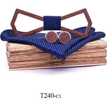 Motýlek Mahoosive Dřevěný motýlek s kapesníčkem a manžetovými knoflíčky T240