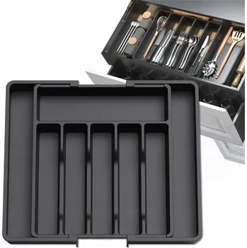 Příborník do zásuvky Organizér do kuchyňské zásuvky na příbory Roztahovací NASTAVITELNÁ Černá Velká XXL