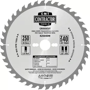 Pilový kotouč Pilový kotouč na dřevo, Masterpack - D250x2,6 d30 Z40 HW, 5ks, - K25040M-X05, CMT Contractor