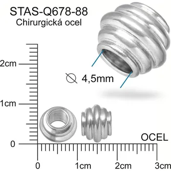 Materiál na výrobu šperku Korálek oblý CHIRURGICKÁ OCEL ozn.-STAS-Q678-88 Velikost pr.9,0mm x 7,5mm otvor 4,5mm
