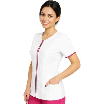 Zdravotnický oděv Bílý lékařský kabát s amarantovým lemem na zip. (34)