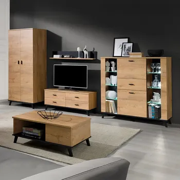 Obývací stěna Obývací stěna se skříní JOHN II | 5 dílů | sestava B | 333 cm + stolek 101x61 cm | dub lefkas světlý/černá