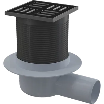 Kanalizační potrubí ALCA Podlahová vpust 105×105/50 mm boční, mřížka nerez černá-mat, kombinovaná zápachová uzávěra SMART APV31BLACK