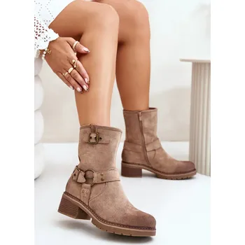 Dámská zimní obuv Dámské Kotníkové Boty Na Nízkém Podpatku S Přezkami Tmavě Béžové Zudra 38