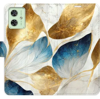 Pouzdro na mobilní telefon Flip pouzdro iSaprio na mobil Motorola Moto G54 5G - GoldBlue Leaves s kapsičkami na karty (Knížkové flipové pouzdro iSaprio pro mobil Motorola Moto G54 5G - GoldBlue Leaves - elegantní obal s kapsami, stojánkem a magnetickým zavíráním)