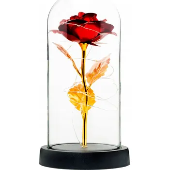 umělá květina HŘBITOVNÍ SVÍČKA STABILIZOVANÁ RŮŽE VE SKLE ČERVENÁ ZLATÁ SVÍTÍCÍ NA HROB NA HŘBITOV