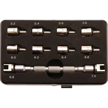 Klíč klíče pro napínání výpletu kol motorek, 5,2-7,0 mm (BGS108360) (Sada deseti klíčů pro napínání výpletu kol motorek pokrývá rozměry 5,2–7,0 mm a umožňuje přesné nastavení napětí drátů. Praktické balení usnadňuje organizaci a rychlý výběr správné velikosti.