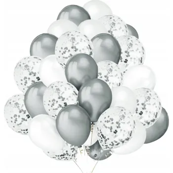 Balónek VELKÉ BÍLÉ BALÓNKY SE STŘÍBRNÝMI KONFETAMI SVATBA NAROZENINY
