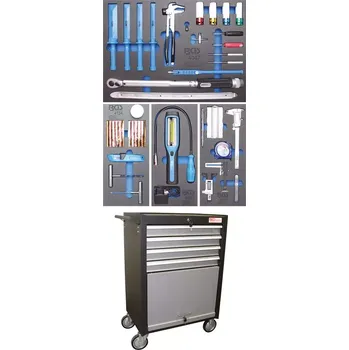 Montážní pojízdný vozík BGS104087 4 zásuvky, 1 sklopná přihrádka. S vybavením 82 dílů (BGS104087) (vozík montážní pojízdný, 4 zásuvky, rozměry 680 × 458 × 995 mm)