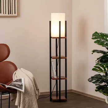 Lampička Opviq Stojací lampa Shelf, černá/měď, látka, výška 130 cm, E27 - Stínidlo na lampu - Ø 20 cm, výška 34 cm černá, měď, bílá 1 x 40 W - Doprava zdarma