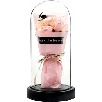 umělá květina STABILIZOVANÁ RŮŽE VE SKLE LED BUKIET RÓŻOWY KWIATY DÁREK KE DNI UČITELŮ