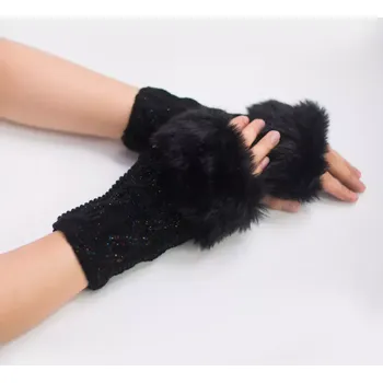 Rukavice Pletené bezprsté rukavice s barevnou nití a kožíškem černé