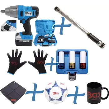 Nářadí pro automobil Souprava pro výměnu kol včetně utahováku 18 V BGS109927 Sada 7 dílů (BGS109927) (aku utahovák 18 V - 1/2" - 520 Nm, momentový klíč 1/2" 42 ÷ 210 Nm, nástrčné hlavice 1/2" : 17 - 19 - 21 mm, rukavice 10 (XL), utěrka mikrovlákna, míč, hrnek)