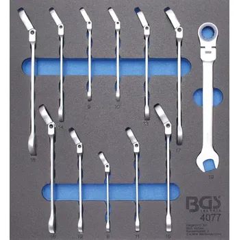 Ruční nářadí Nářaďový modul 2/3 - BGS104077 Očkoploché ráčnové klíče 8 ÷ 19 mm. Sada 12 dílů (BGS104077) (očkoploché klíče, přepínací ráčna s kloubem ±90°, rozměry 378 × 408 × 32 mm)