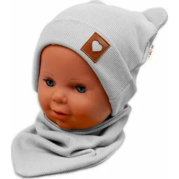 Kojenecká čepice Baby Nellys Žebrovaná dvouvrstvá čepice s oušky + šátek Teddyy - šedá baby Nellys Vel. 80/86
