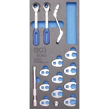 Klíč Nářaďový modul 1/3 - BGS104049 Ploché a otevřené očkové klíče. Sada 15 dílů (BGS104049) (Sada obsahuje 15 plochých a otevřených očkových klíčů v praktickém modulu 1/3, vhodném pro organizaci nářadí v dílenských systémech. Klíče jsou určeny pro běžné i spe