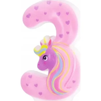 Dortová svíčka NAROZENINOVÁ SVÍČKA ČÍSLICE 3 JEDNOROŽEC DEKORACE NA DORT