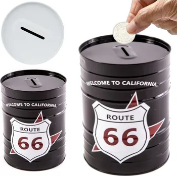 Pokladnička M KOVOVÁ POKLADNIČKA NA PENÍZE NEOTVÍRATELNÁ ROUTE 66 RETRO