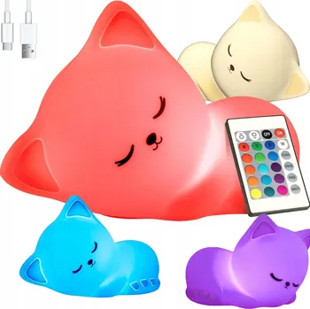 Lampička NOČNÍ LAMPA PRO DĚTI SILIKONOVÁ STOLNÍ LAMPA KOČKA RGB LED ČASOVAČ PILOT