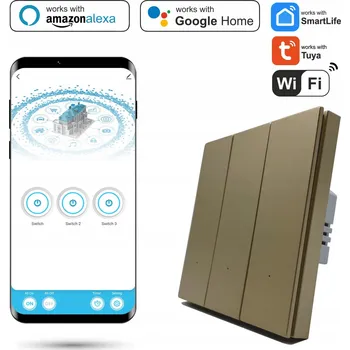 vypínač Trojitý Wifi vypínač Tuya SmartLife s N, zlatý
