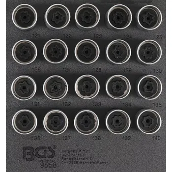 Nářaďový modul 1/6 - BGS109558 Nástrčné hlavice 17 mm pro bezpečnostní šrouby pro Opel/Vauxhall (typ C) Sada 20 dílů (BGS109558) (Sada dvaceti nástrčných hlavic 17 mm je určena pro bezpečnostní šrouby Opel/Vauxhall typu C a umožňuje efektivní práci při de