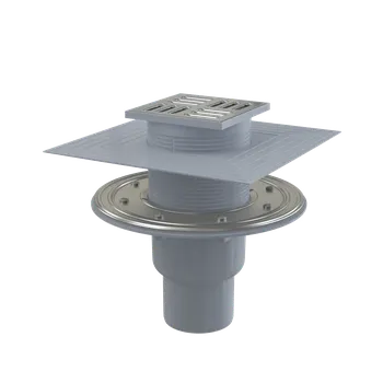 kanalizace ALCA Podlahová vpust 105×105/50/75 mm přímá, mřížka nerez, nerezová příruba a límec 2. úrovně izolace, kombinovaná zápachová uzávěra SMART APV2324
