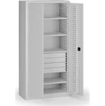 B2B Partner Policová dílenská skříň 2-dveřová, 4 police + 4 zásuvky, 1950 × 950 × 500 mm, šedé dveře